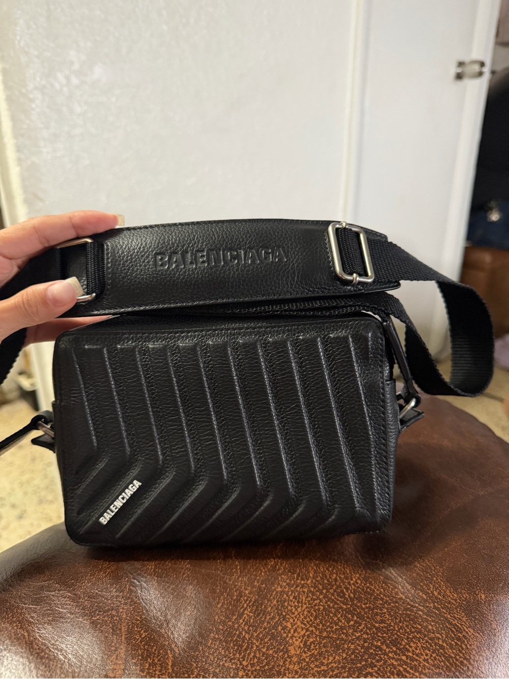 Balenciaga Black Chevron Quilted Camera Crossbody Bag